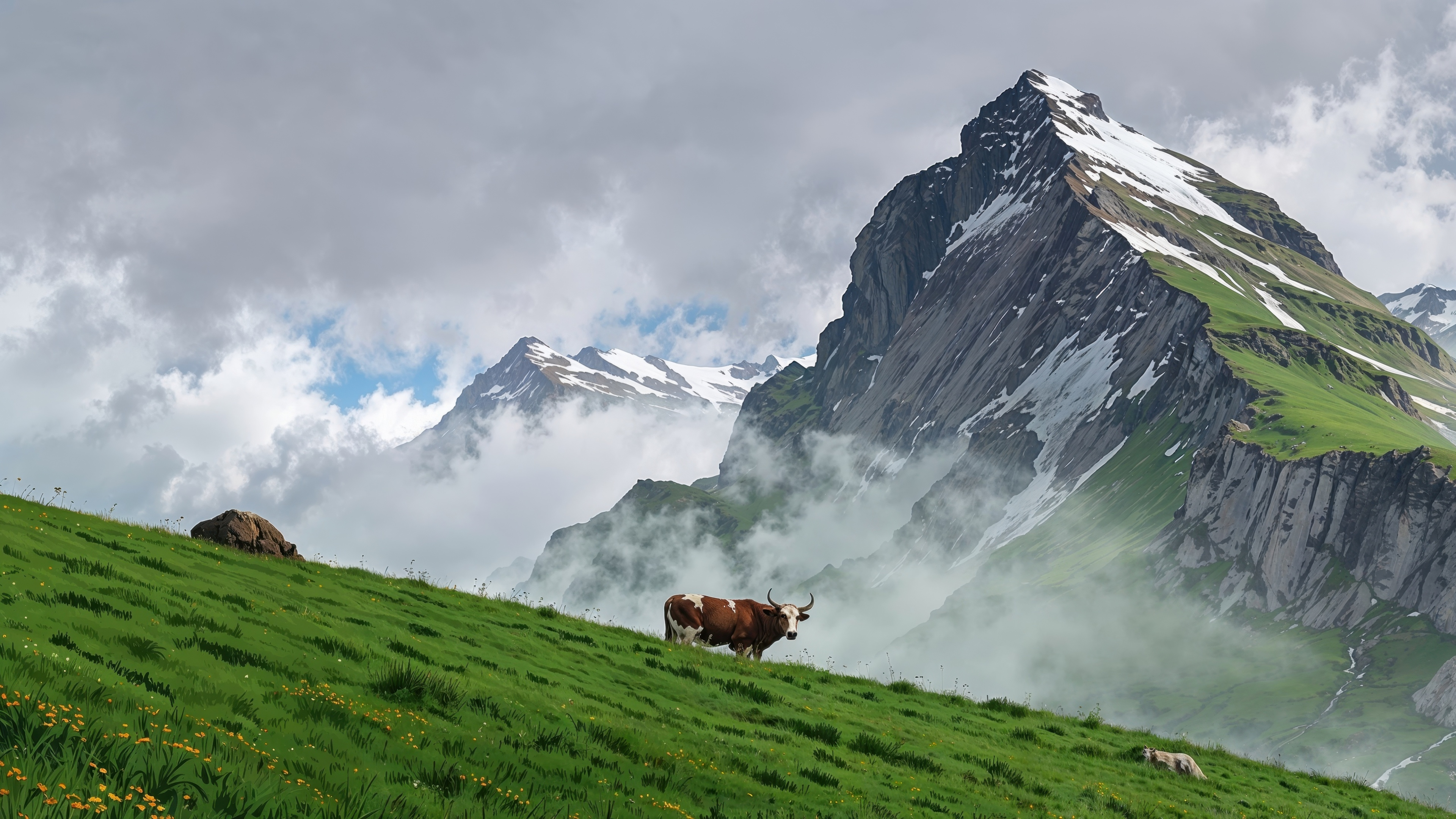 A mountain landscape with a cow in a green alpine meadow