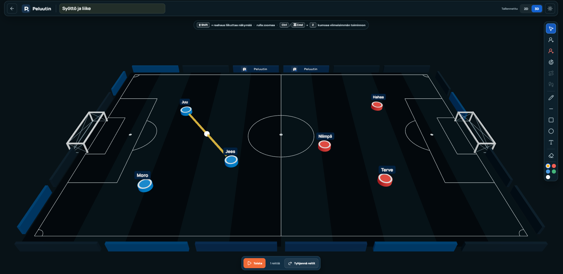 Peluutin 3D training planner with football players and a passing route