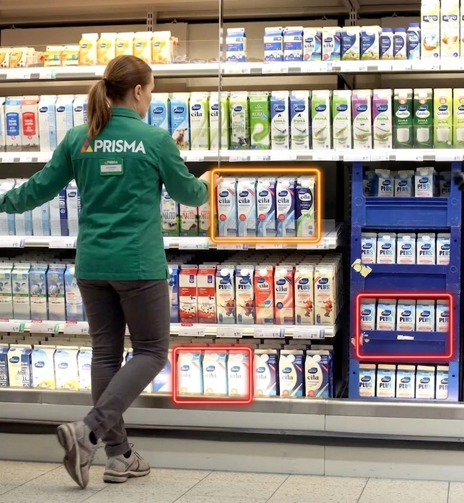 Physical grocery shelf with coloured rectangles showing how digital shelf map squares correspond to shelf sections.