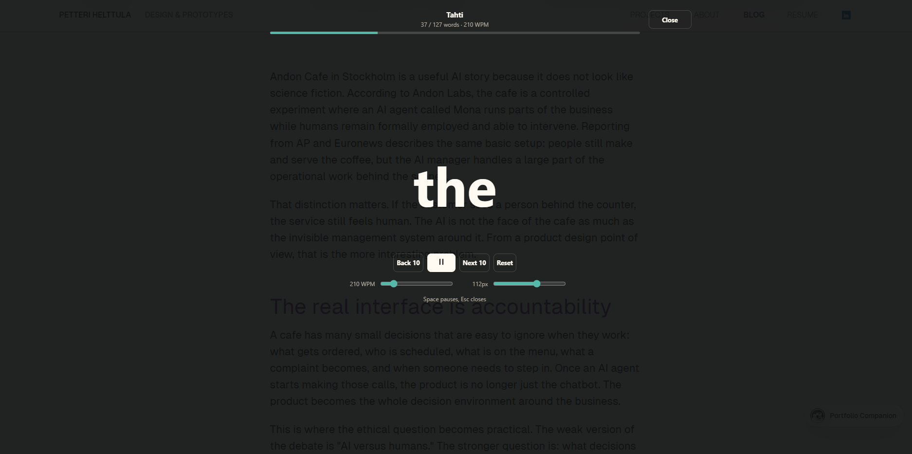 Updated Tahti reader overlay with centered word, progress, and compact controls.