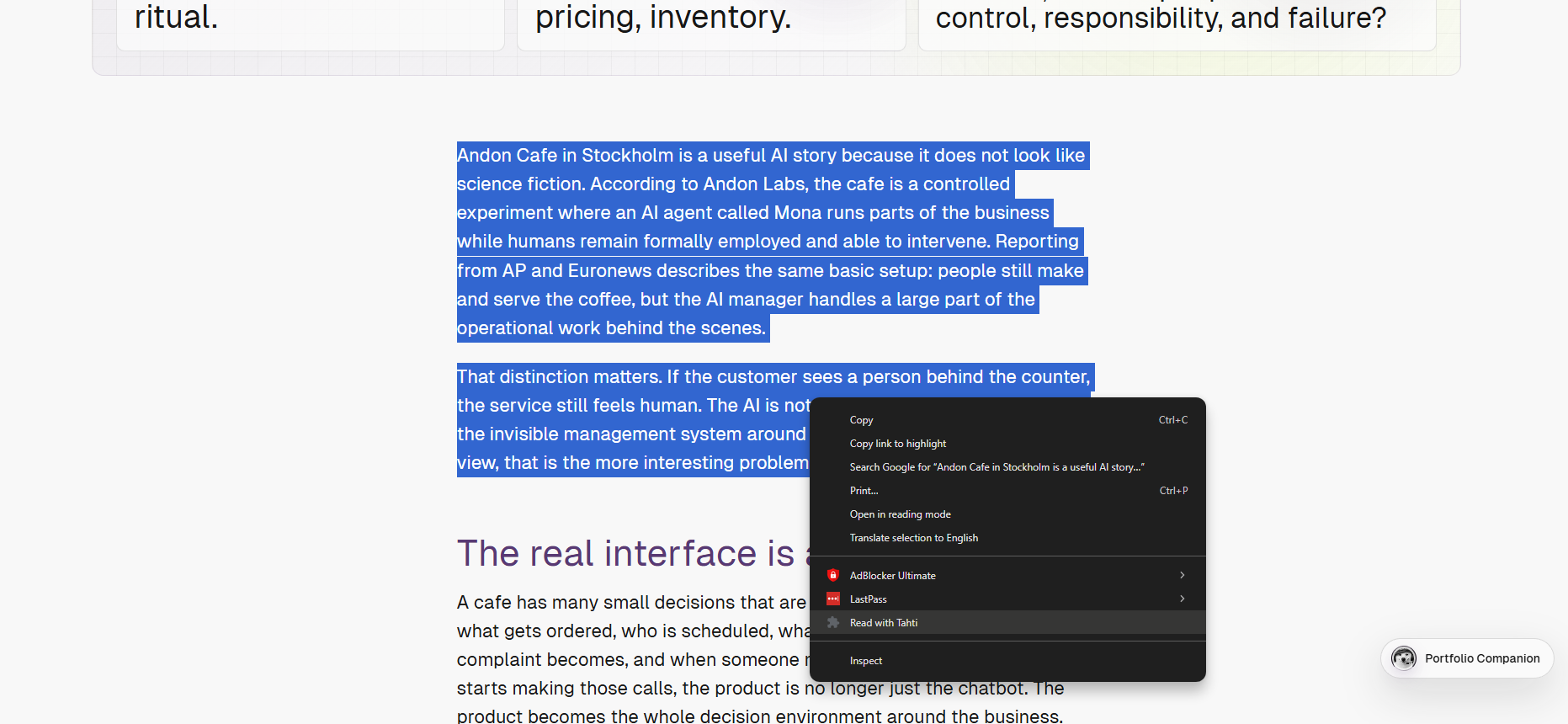 Selected article text with a browser context menu option to read with Tahti.